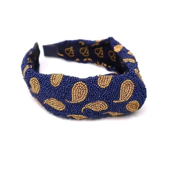 Beaded Headband - Handmade Embellished Headband - Paisley Headband - BLUE GOLD - Picture 3 of 3